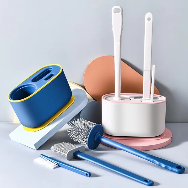 Wholesale 2 Pcs of Three in One Toilet Brush Blue and White Set